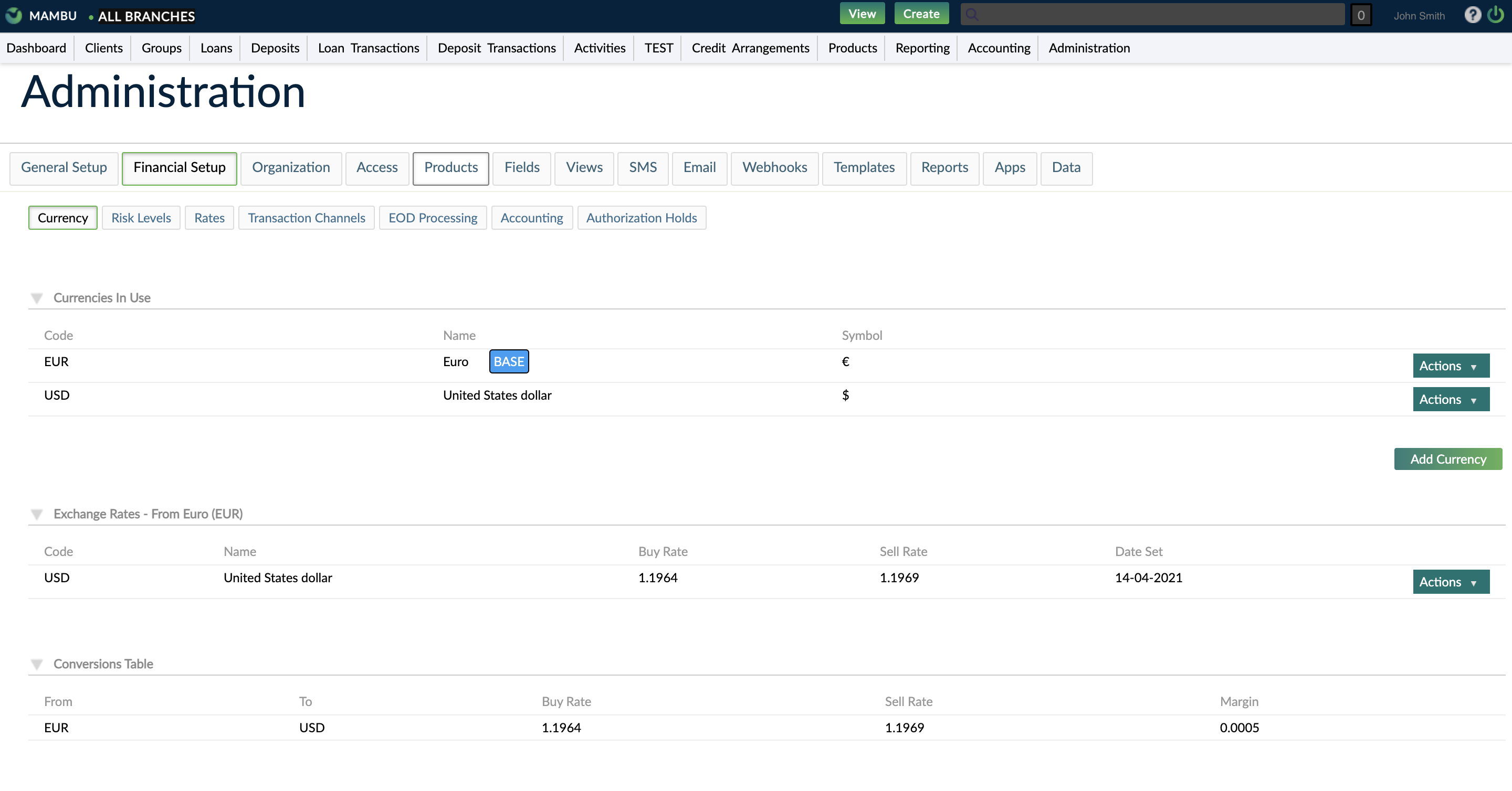 Sample Mambu UI screen - currency tab under Financial Setup in Administration screen.